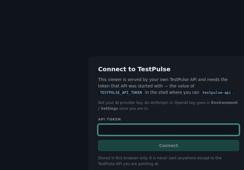 The Connect to TestPulse screen, with a single API token field and a Connect button.