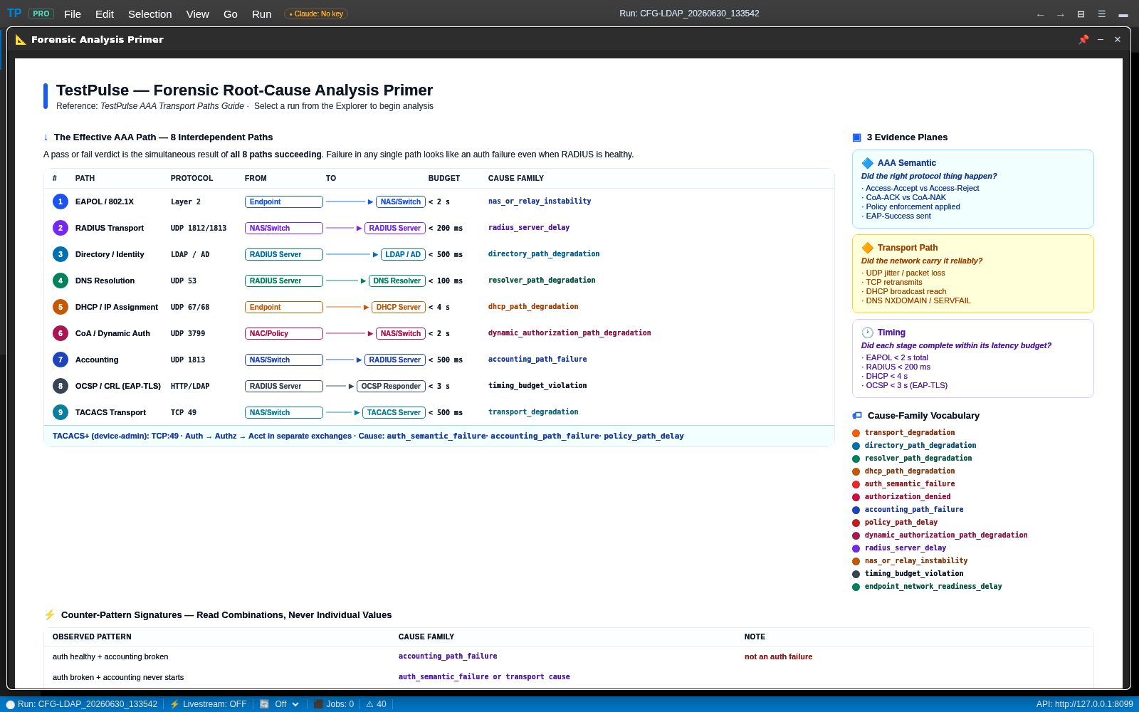 The Forensic Analysis Primer panel listing nine numbered AAA hops with protocol, ports, devices, latency budget and the cause family each produces.