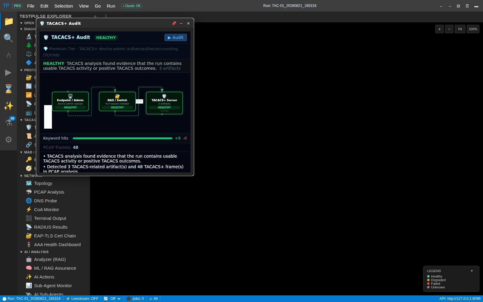 The TACACS+ Audit panel showing a healthy verdict, a three-device path and keyword hits across 48 PCAP frames.